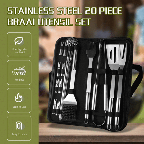 14-Piece Premium Stainless Steel Braai & Grill Tool Set: Stainless Steel 20 Piece Braai Utensil Set with durable tools for BBQ and outdoor cooking, easy to carry and safe to use.