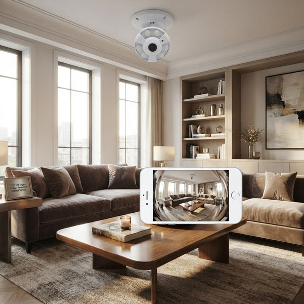 5MP 360-Degree Panoramic Fisheye IP Security Camera monitoring a stylish living room on a smartphone.