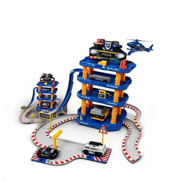 66-Piece Police Station Multi-Level Track Set featuring a police station, tracks, cars, and helicopter for action-packed fun.
