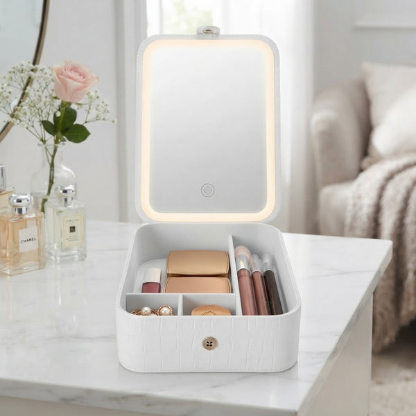 Portable Cosmetic Organizer with LED Mirror showcasing compartments for cosmetics with illuminated mirror.
