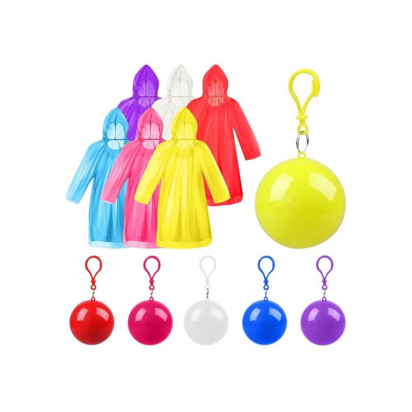 Colorful Disposable Raincoat Ball set with vibrant raincoats stored in ball-shaped containers for easy portability.