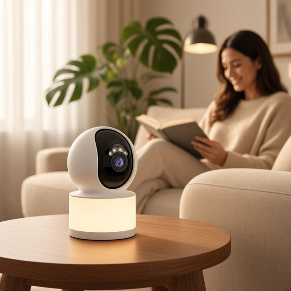 Y611 Pan & Tilt Camera & Lighting Unit displayed on a table, providing illumination while a woman reads.