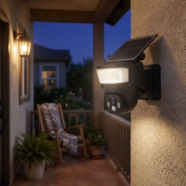 Solar-Powered Security Camera with Integrated LED Floodlight mounted on a wall, providing bright lighting and surveillance.