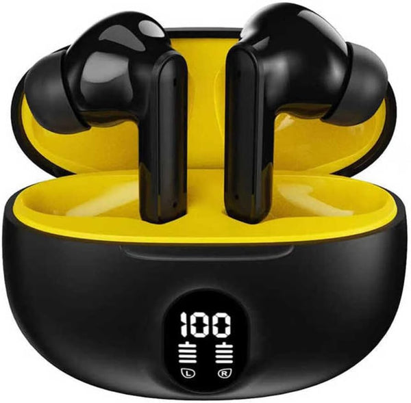 S510 Wireless Sports TWS Earbuds with Digital Display in charging case with yellow interior and battery indicator