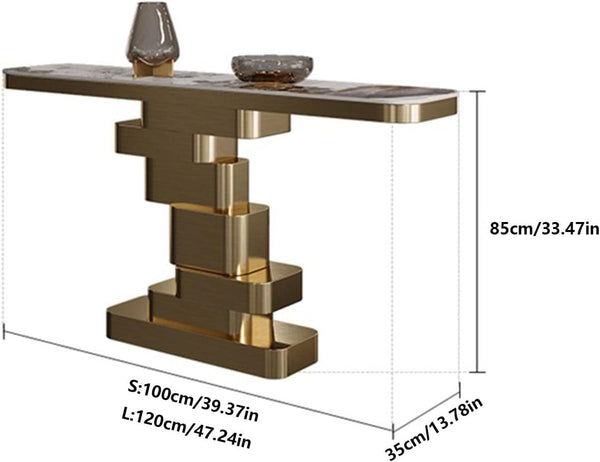 Contemporary Extra Long Faux Marble Console Table featuring a modern design, golden accents, and dimensions for stylish home decor.