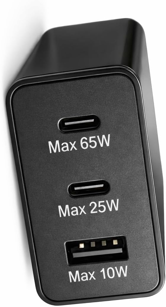 3-Port Power Adapter Charging Charger with USB-C ports and USB-A for efficient charging of devices.