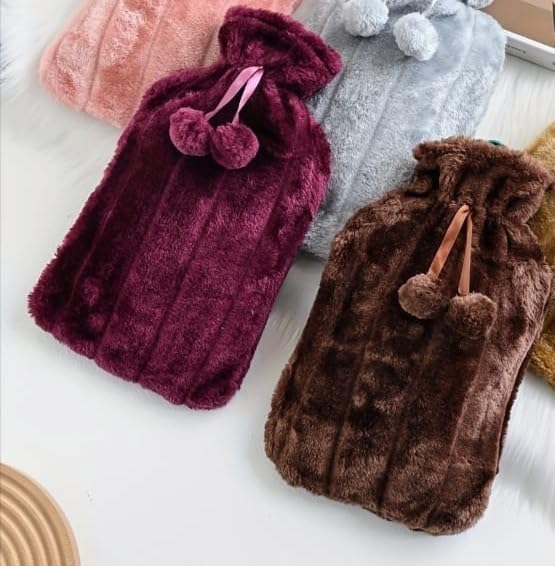Insulated Hot Water Bottle with Soft Cover in various colors including burgundy and brown.