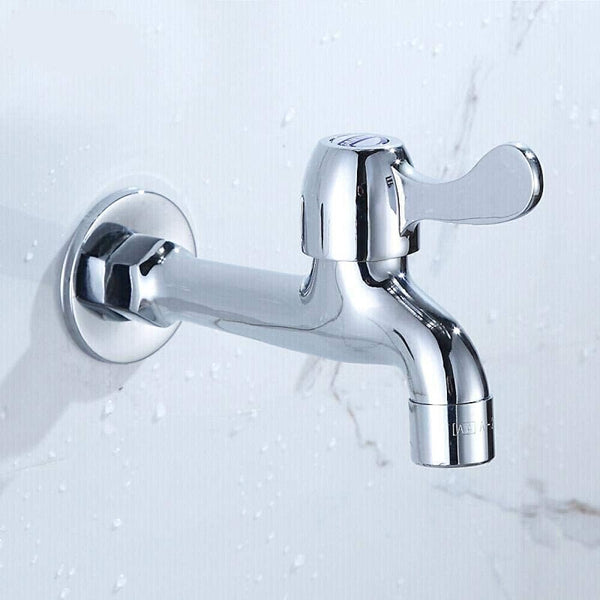 Chrome Zinc Alloy Outdoor Garden Water Valve mounted on a wall with a shiny chrome finish.