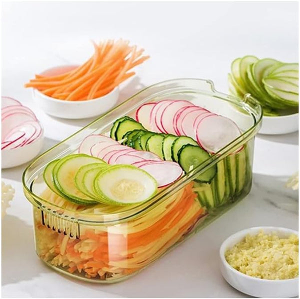 Multifunctional Vegetable Chopper with organized sliced vegetables in a clear storage container.