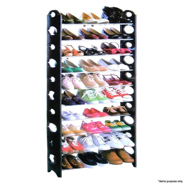 Stackable Shoe Rack – Holds Up to 30 Pairs, displaying various types of shoes neatly organized on multiple shelves.