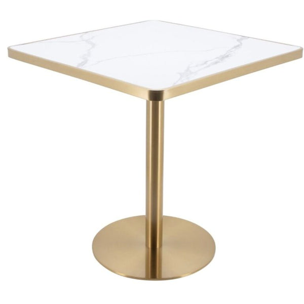 Square Marble Effect Dining Table with Gold Pedestal Base showcasing sleek design and elegant materials.