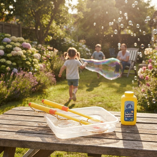Kids playing with the Double Bubble Giant Bubble Wand, creating large bubbles in a sunny garden setting.