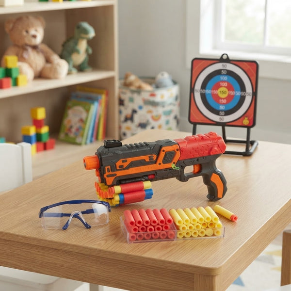 Shooting Soft Bullet Blaster Toy Foam Dart Gun Set with darts and target on a table, ideal for kids' play.