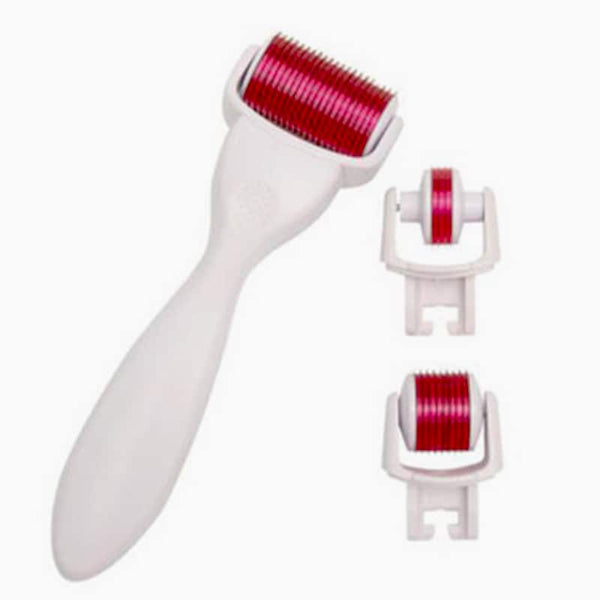 4 in 1 Derma Roller Cosmetic Kit featuring a main roller and two additional roller heads for skincare.