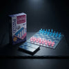 Mini Magnetic Chess Set with Folding Board displayed with colorful pieces and packaging on a dark background.