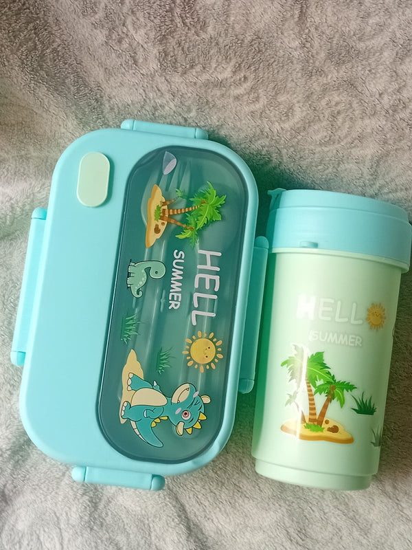 Cute Cartoon Dinosaur Kids Bento Lunch Box & Cup Set on a soft background, featuring fun dinosaur designs.