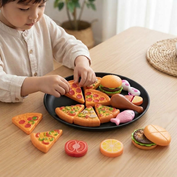 Child playing with the 18-Piece Pretend Food Play Set featuring pizzas, hamburgers, and colorful food items.