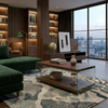 Rectangle Wooden Top Coffee Table featured in a modern living room with stylish decor and city view.