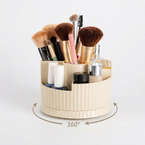 360 Degree Rotating Cosmetic & Makeup Brush Organizer with various brushes and beauty products, showcasing its rotating design.