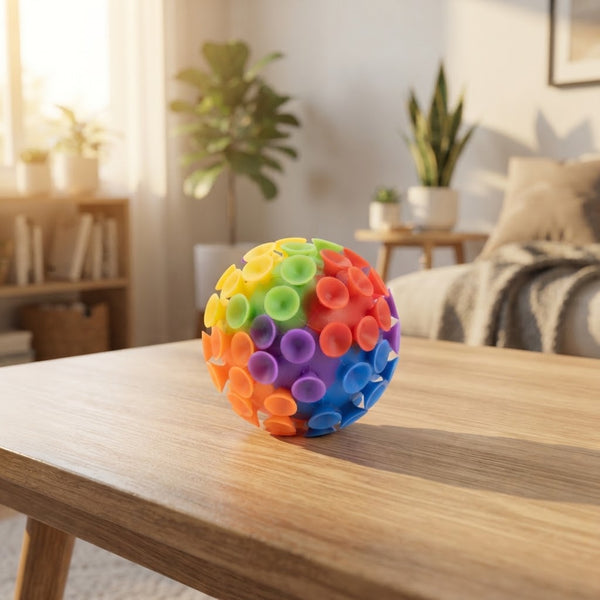 5cm Multi-Color Suction Cup Stress Ball Toy on a wooden table, showcasing its vibrant colors and flexible suction cups.
