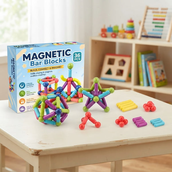 36-Piece Magnetic Bar Building Blocks Set displayed on a table with colorful magnetic pieces and packaging.
