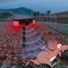 Motion Sensor Ultrasonic Repeller with waves deterring a cartoon mouse in a garden.