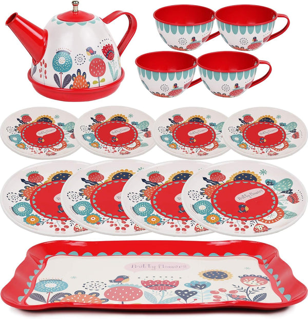 Floral 15-Piece Kids Tin Tea Set with Carrying Case featuring a kettle, cups, plates, and a tray designed with vibrant flower patterns.