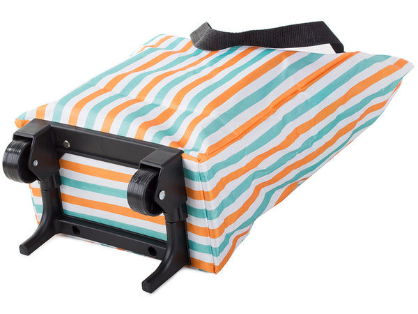 Foldable Shopping Trolley Bag with Wheels in colorful striped design, showcasing wheels and collapsible frame.