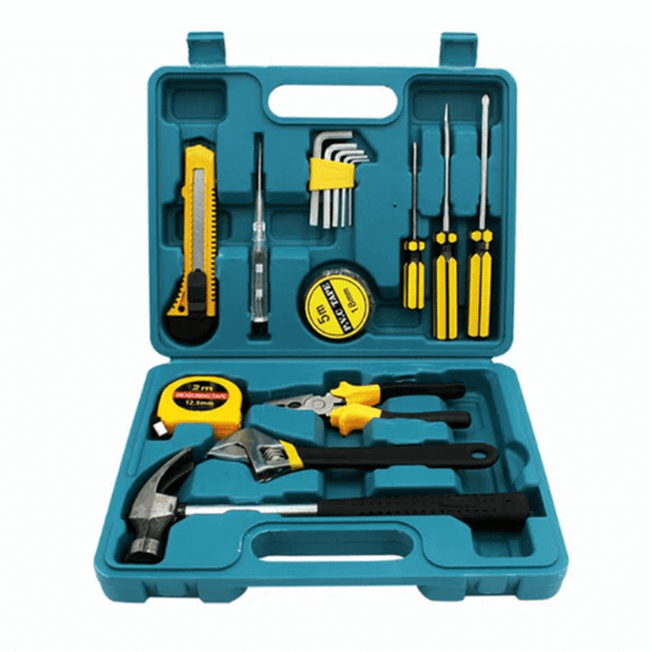 16-Piece Compact Home Repair Tool Kit featuring essential tools in a portable carrying case.