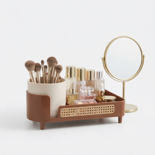 Brown 2-in-1 Rotating Cosmetic Organizer with makeup brushes and perfume bottles on a stylish display.