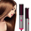 Woman with sleek hair next to a 2 in 1 Hot Air Brush Dryer and Straightener for styling.