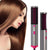 Woman with sleek hair next to a 2 in 1 Hot Air Brush Dryer and Straightener for styling.