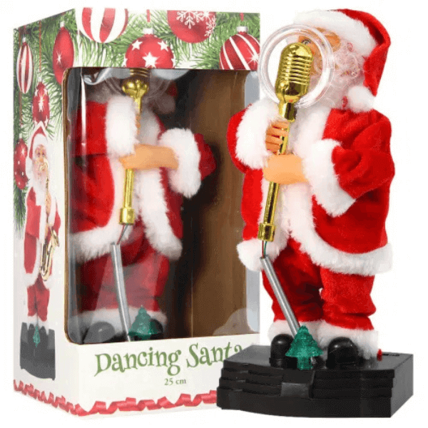 Festive Dancing Santa Room Decor 30cm in festive packaging with microphone and Christmas decorations.