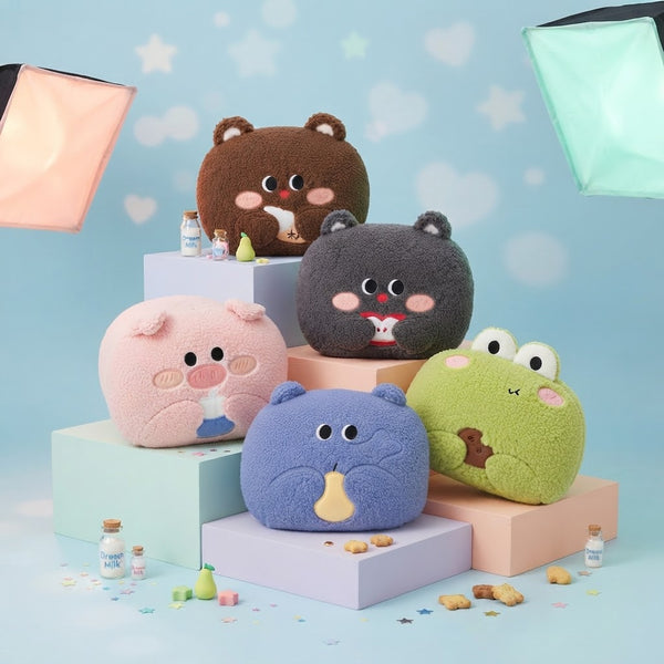 Colorful Animal Plush Pillows arranged playfully on pastel blocks, featuring cute animal faces perfect for decoration.
