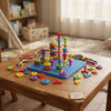 DIY Geometric Peg Board Set with colorful pieces and shapes on a wooden table.