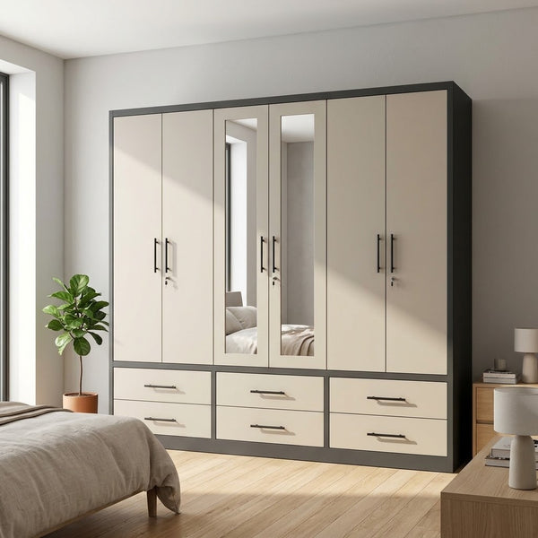6-Door Wardrobe with Mirrored Doors and 6 Storage Drawers