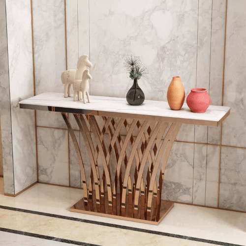 Marble Top Gold Console Table showcasing elegant design with unique base and decorative items.