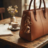 Hoppers PVC and Silicone 3D Animal Keychain attached to a stylish brown handbag on a wooden table.