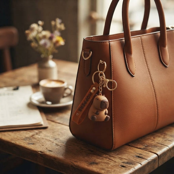 Hoppers PVC and Silicone 3D Animal Keychain attached to a stylish brown handbag on a wooden table.