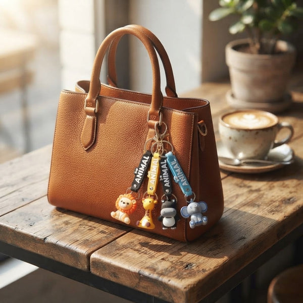 3D Animal Silicone Keychain hanging from a stylish brown handbag on a wooden table near a coffee cup.