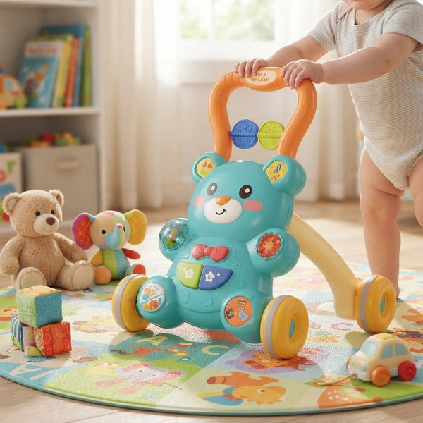 2-in-1 Baby Walker with Bear Design in a playful setting, ideal for infants learning to walk.