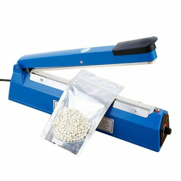 400mm Impulse Sealer sealing a bag of small white pellets for efficient packaging.
