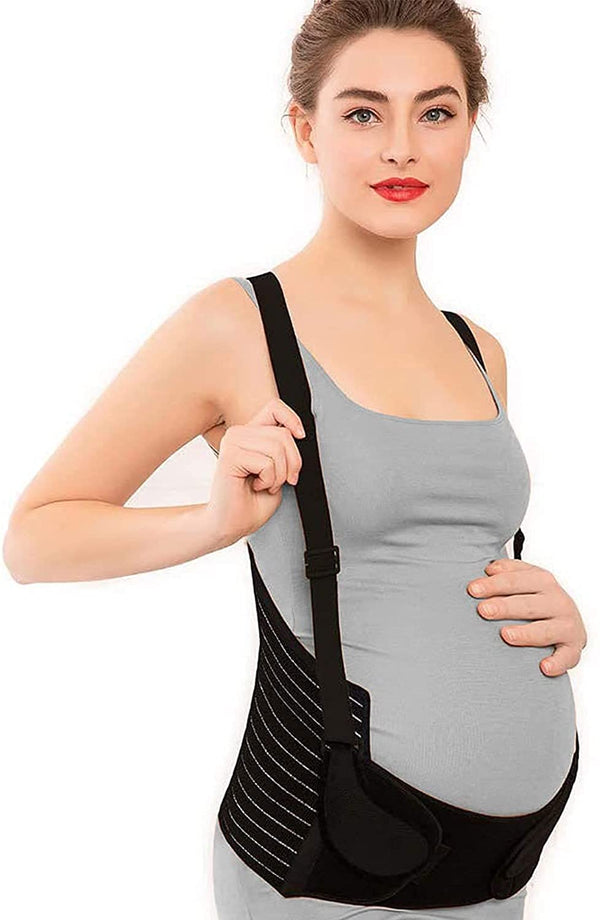 Adjustable Maternity Support Belly Band worn by a pregnant woman for back support and comfort.