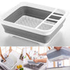 Collapsible Dish Drainer Dinnerware Portable Folding Rack shown in gray and white, perfect for kitchen organization.