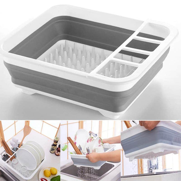 Collapsible Dish Drainer Dinnerware Portable Folding Rack shown in gray and white, perfect for kitchen organization.