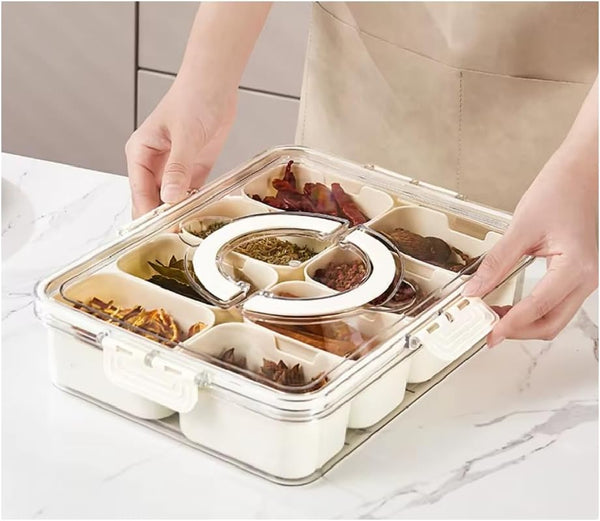 6-Compartment Snack Box with Lid holding spices and herbs for organized kitchen storage.