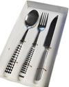 Stainless Steel Cutlery Set — 3-Piece Flatware Collection display in a box, featuring stylish black and white handles.