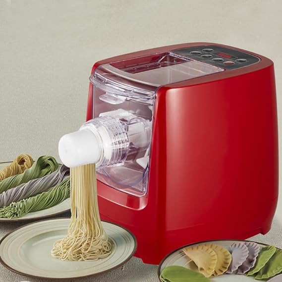 13 in 1 Pasta Maker producing spaghetti noodles with colorful pasta shapes on plates.