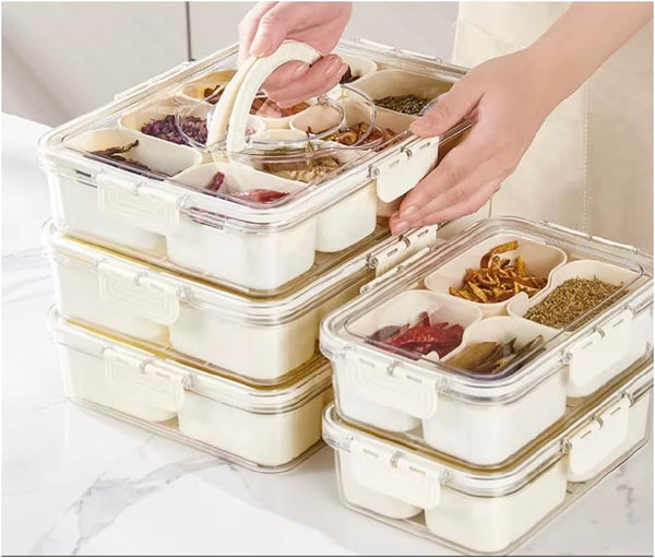 6-Compartment Snack Box with Lid ideal for organizing spices and snacks in a neat, stackable container.
