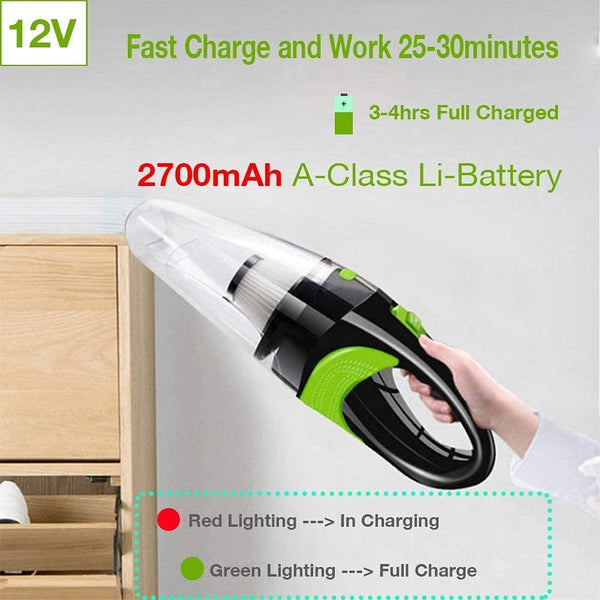 Portable Cordless Handheld Car Vacuum with fast charging features and A-Class Li-Battery for quick clean-ups.